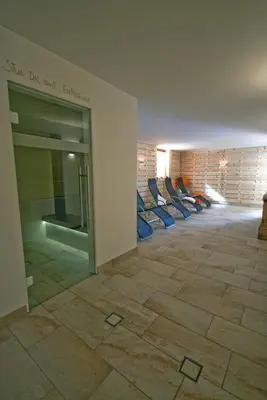 a room with couches in a building with a wall at Hotel La Molinella in Soraga