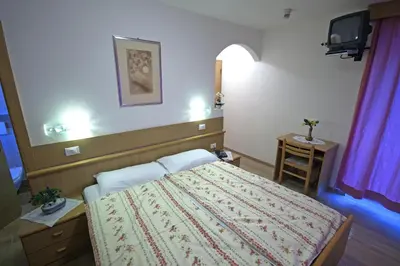 a bedroom with a bed and a tv in it at Hotel La Molinella in Soraga