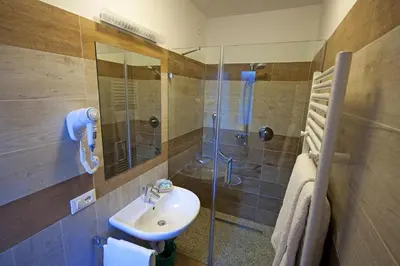 a bathroom with a sink and a glass shower at Hotel La Molinella in Soraga