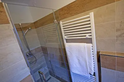 a shower with a glass door and a towel at Hotel La Molinella in Soraga