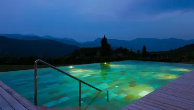 a swimming pool at night with mountains in the background at Die Sonne in Kaltern in Caldaro
