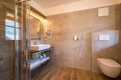 a bathroom with a shower and a sink and a toilet at Agriturismo Malga Piè in Soraga
