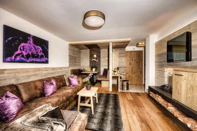 a living room with a brown couch and purple pillows at Hotel Sonnenalm in Saltusio