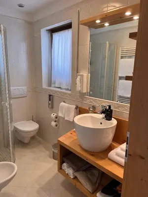 a bathroom with a sink and a toilet and a mirror at Mountain Home Villa Anna in Selva di Val Gardena