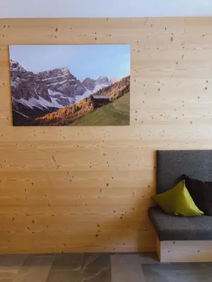 a room with a wooden wall with a couch at Berghotel Sanví in San Martino in Badia