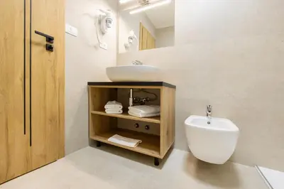 a bathroom with a sink and a toilet at Gasthof Goldenes Lamm in Bressanone