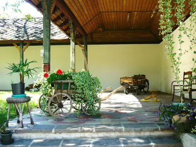 a patio with a wheelbarrow and flowers and a cart at Gasthof Goldenes Lamm in Bressanone