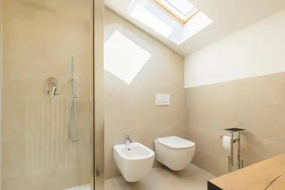 a bathroom with a toilet and a shower with a skylight at Gasthof Goldenes Lamm in Bressanone