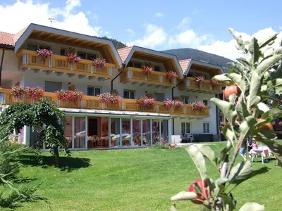 a large building with a lawn in front of it at Hotel Residence Olympia in Sarntal