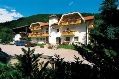 a large building with a parking lot in front of it at Hotel Residence Olympia in Sarntal