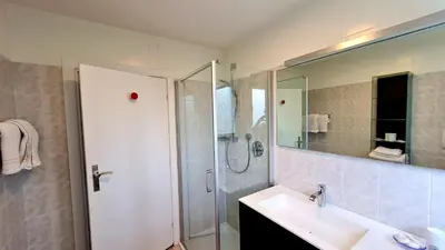 a bathroom with a sink and a shower and a mirror at Residence Atlantic in Merano