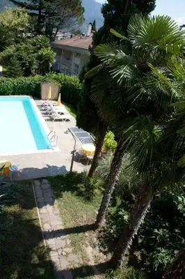 a palm tree next to a swimming pool at Residence Atlantic in Merano