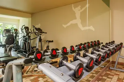 a fitness room with a row of exercise machines at Taushof in Schenna