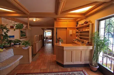 a kitchen with a island in a room with plants at Hotel San Giovanni in Vigo di Fassa