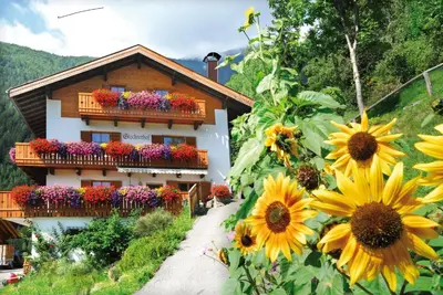 a building with sunflowers in front of it at Stocknerhof in Bressanone