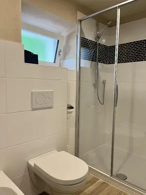 a white bathroom with a shower and a toilet at Ciasa Andy in Badia