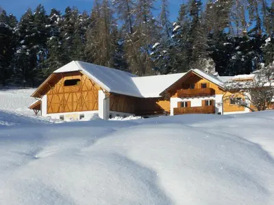 a house covered in snow with trees in the background at Appartments Neuhof in Collalbo