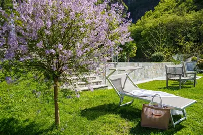 a bench next to a tree with purple flowers at Hotel Neuhausmühle in Vilpiano