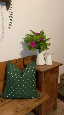 a table with a green pillow and a vase with flowers at Lamirì in Badia