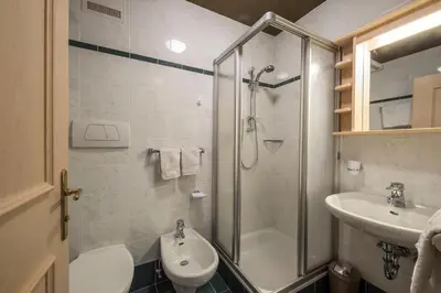 a bathroom with a shower and a toilet and a sink at Aria d' Prè in Badia