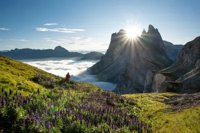 a person standing on top of a mountain with the sun shining at AppartChalet LA RONDULA - 100m from Seceda in Ortisei