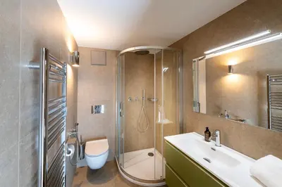 a bathroom with a shower and a sink and a toilet at Residence Bosco Verde in San Cassiano