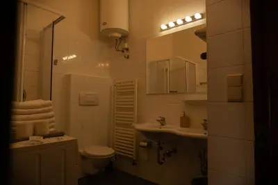 a bathroom with a toilet and a sink at Residence Fink Central Apartments in Bolzano