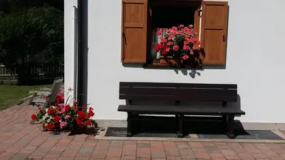 a bench sitting outside of a window with flowers at CHALET VILLA RITA in Tesero