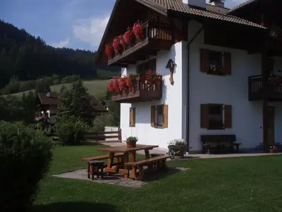 a house with a picnic table and flowers in the yard at CHALET VILLA RITA in Tesero