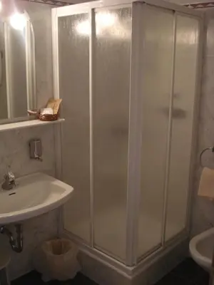 a bathroom with a sink and a toilet and a shower at Sporthotel Rasen in Rasùn di Sotto