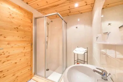 a bathroom with a shower and a white toilet at Tielerhof in Aldino