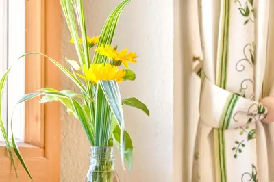 a vase filled with yellow flowers on a window sill at Tielerhof in Aldino