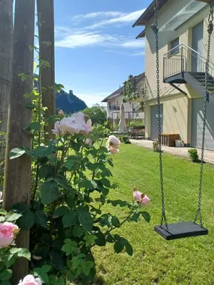 a swing in a yard with pink roses at Das Landhaus in Terlano