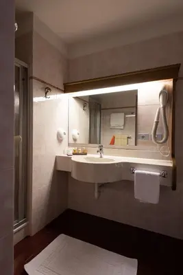 a hotel room with a large bed and a red carpet at Hotel Catinaccio in Vigo di Fassa