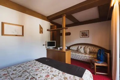 a bedroom with a bed and a desk with a television at Hotel Catinaccio in Vigo di Fassa