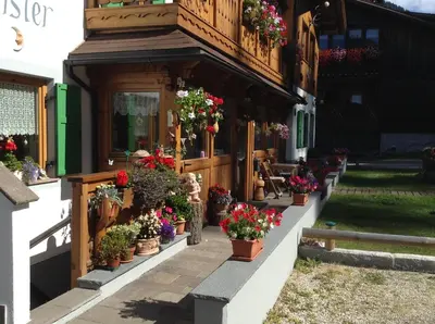 a flower shop with potted plants on the side of a building at Majon del Tisler in Canazei