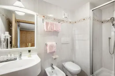 a bathroom with a sink and a toilet and a shower at Residence Bondì in Colfosco