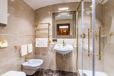 a bathroom with a sink and a toilet and a shower at Luxury Lodge - Lener Express in Campo di Trens
