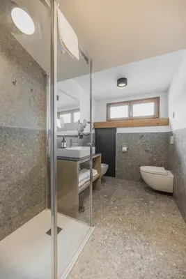 a bathroom with a shower and a sink and a toilet at Suàn Hotel in Ziano di Fiemme