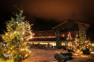 a christmas tree in front of a log cabin at Chalet Prà delle Nasse in San Martino di Castrozza
