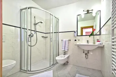 a bathroom with a shower and a toilet and a sink at Garni Cristin & Dep Antina in Colfosco