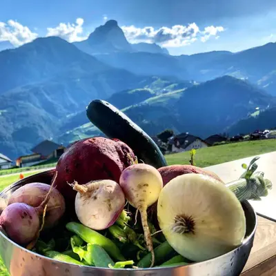 a bowl of vegetables on a table with mountains in the background at Alpinus Agriturism in San Martino in Badia