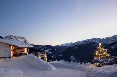 a christmas tree in the snow next to a building at Alpinus Agriturism in San Martino in Badia