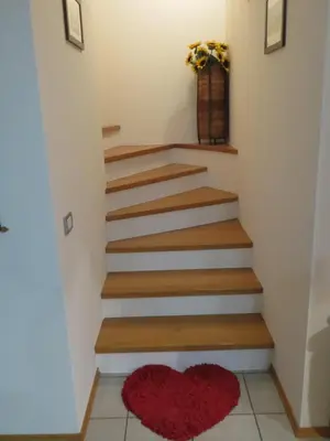 a stairway with a heart rug on the floor at Casa Mia in Vadena