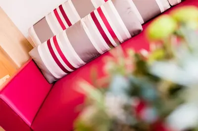 a table with red and white pillows and a plant at Hotel Hasslhof in Caldaro