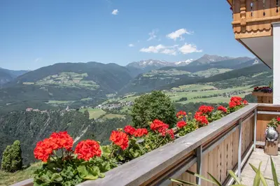 a balcony with red flowers and mountains in the background at Forchnerhof Panorama- Rienzschlucht in Rodengo