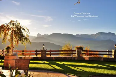 a fence with a view of mountains in the background at Boutique Pension Erlacher - Adults Only in Villandro