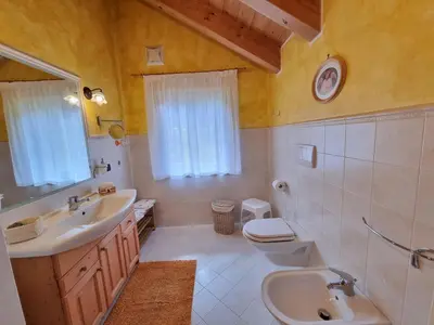 a bathroom with a sink and a toilet and a sink at Residence Le Rose in Pozza di Fassa