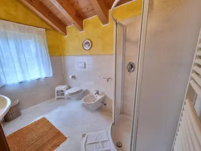 a bathroom with a shower and a toilet and a sink at Residence Le Rose in Pozza di Fassa