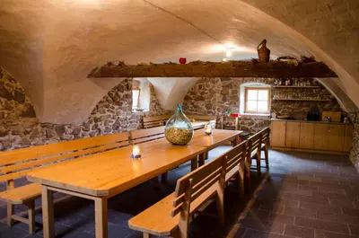 a dining room with a wooden table and chairs at Pizzol-hof in Appiano sulla Strada del Vino
